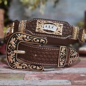 Four Aces Texas Western Belt Cowboy Cowgirl/ genuine Leather sz LG Brown Gold